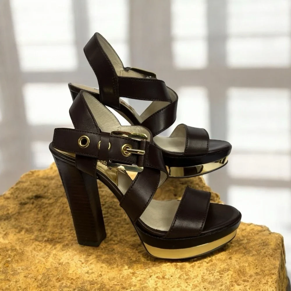 Michael Kors Women Brown Sz 5M Solid Leather High Platform Heels NEW w/box